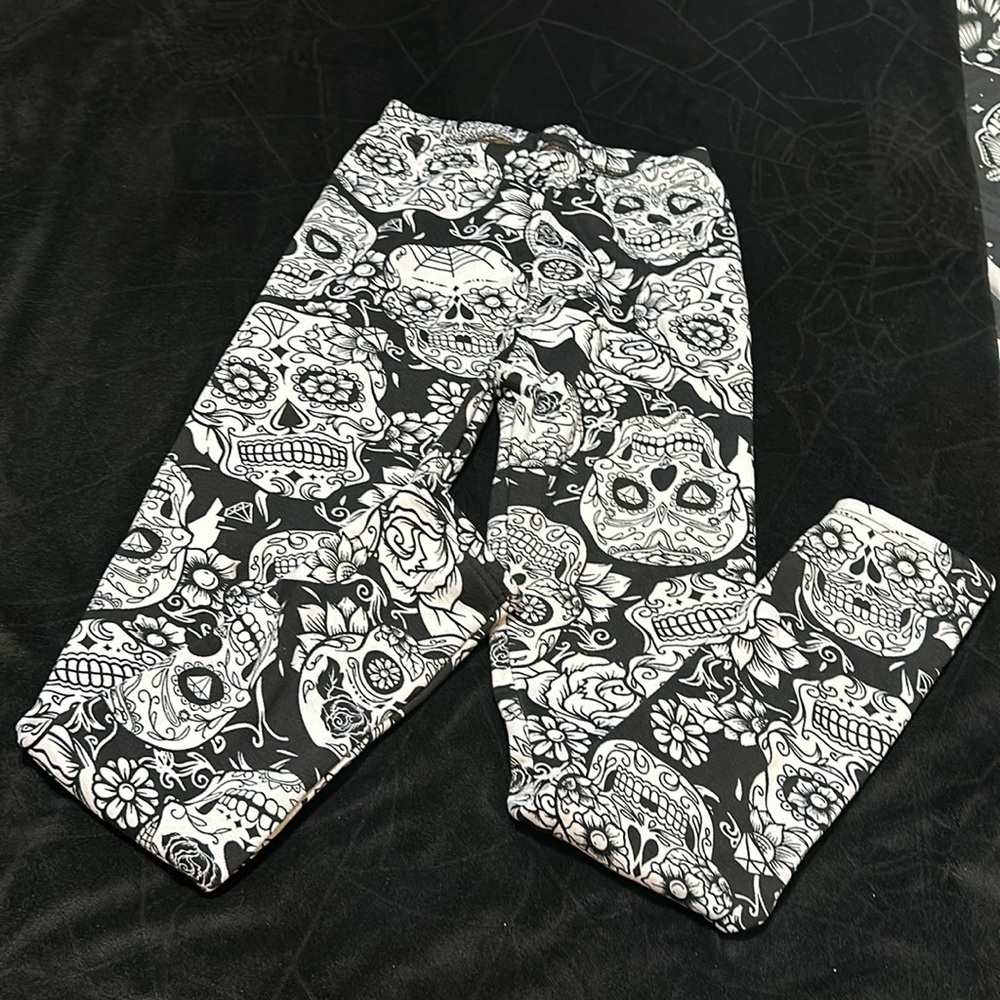 Sugar Skull Print Fur Lined thermal Leggings, XS
